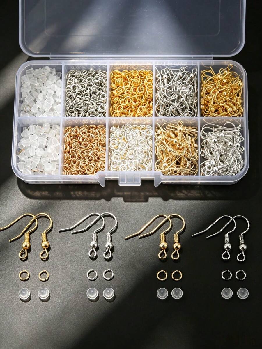 1 Box DIY Earring Accessories Set, Includes 80pcs Fish Hook Earrings, 200pcs Transparent Ear Plugs And 800pcs Jump Rings, Suitable For Handmade Woven Jewelry Making, Earring Accessories, Handmade Earring DIY Jewelry Making Accessories - Earring Making Accessory Kit - View 1