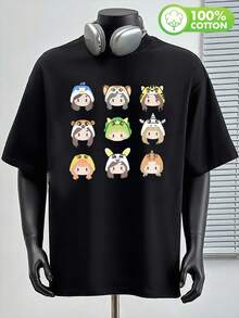 100% Cotton. Casual Short-Sleeved Printed T-Shirt. 1pacTwice Men's Cartoon Print T-Shirt. | Fun Korean-Style Round Neck T-Shirt With Short Sleeves And Graphic Print. | All-Season Casual, Crew Neck, Regular Fit, Printed Pattern. Spring And Summer Top. - 黑色 - 查看 1