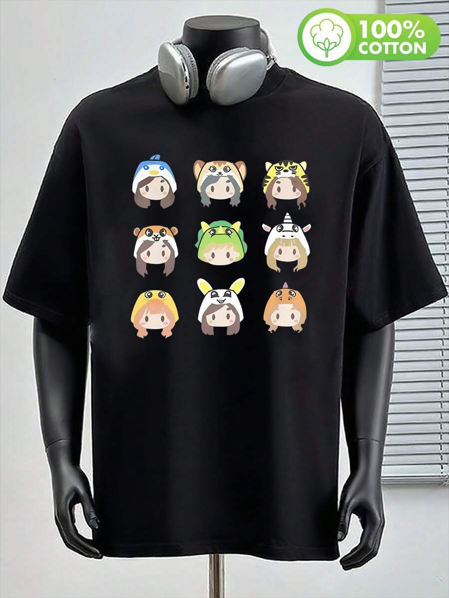 100% Cotton. Casual Short-Sleeved Printed T-Shirt. 1pacTwice Men's Cartoon Print T-Shirt. | Fun Korean-Style Round Neck T-Shirt With Short Sleeves And Graphic Print. | All-Season Casual, Crew Neck, Regular Fit, Printed Pattern. Spring And Summer Top. - 黑色 - 查看 1