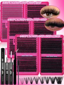 640/200Pcs DCurl Cluster Lashes, Large Segmented Lash Book With Glue,Seal,Tweezers Brush. Soft Thick Fluffy Lashes Enlarge Eyes, Easy DIY Makeup For Beginners. Multi-Style Eye Look Available, Perfect For Daily Wear, Wedding And Evening Occasions - Rose Red - View 5