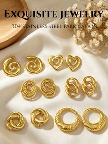 12 Pieces / 6 Pairs. Summer Golden Ladies' Ear Ring Set. Includes Round Earrings With Double-Heart Hollow Design And Double-Loop Design. Suitable For Daily Vacation And Casual Wear. - Stainless Steel Set - View 3