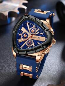 1pc Men's Silicone Triangular Quartz Watch, Sports Triple-Eye Digital Scale Large Dial Wristwatch, Gift For Boyfriend (1pc/Set) Watch Box Not Included - Blue - View 4