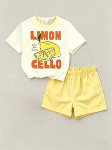 Conjunto informal de camiseta de manga corta con estampado de letras y pantalones cortos para niñas preadolescentes - Amarillo - Ver 2