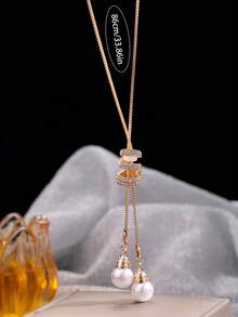 1 pieza Elegante y lujoso collar con colgante de cadena tipo serpiente con rhinestones y perlas, accesorio de moda europeo y americano - Dorado - Ver 8