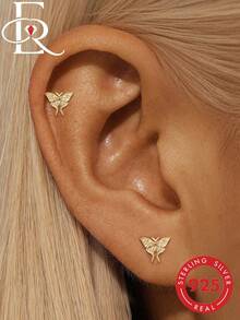 EleRunis 1pc 925 Sterling Silver Moon Moth Flat Lip Stud/Cartilage Stud/Helix Stud/Ear Cartilage Stud/Spiral Stud Threaded Piercing Jewelry For Daily Wear, Wedding, Party - Gold - View 3