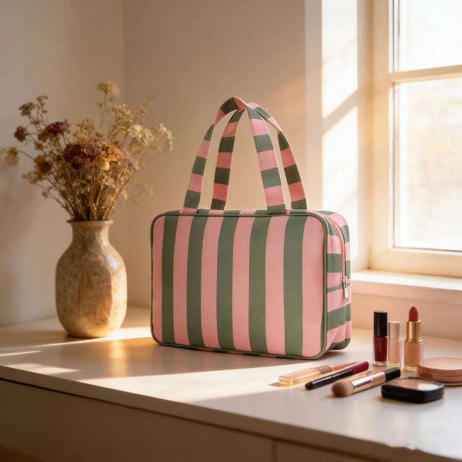 1Pc Foldable Striped Travel Toiletry Bag Men And Women, High Capacity Storage Organizer With Convenient Hanging Hook, Multi-Functional Design Cosmetics, Shower Supplies, Toiletries & Gym Gear, Lightweight-Resistant Material Durability, Business Trips, Family Vacations, Fitness & Daily Bathroom Use, Practical Holidays & Birthdays - 綠色和粉紅色條紋 - 查看 1
