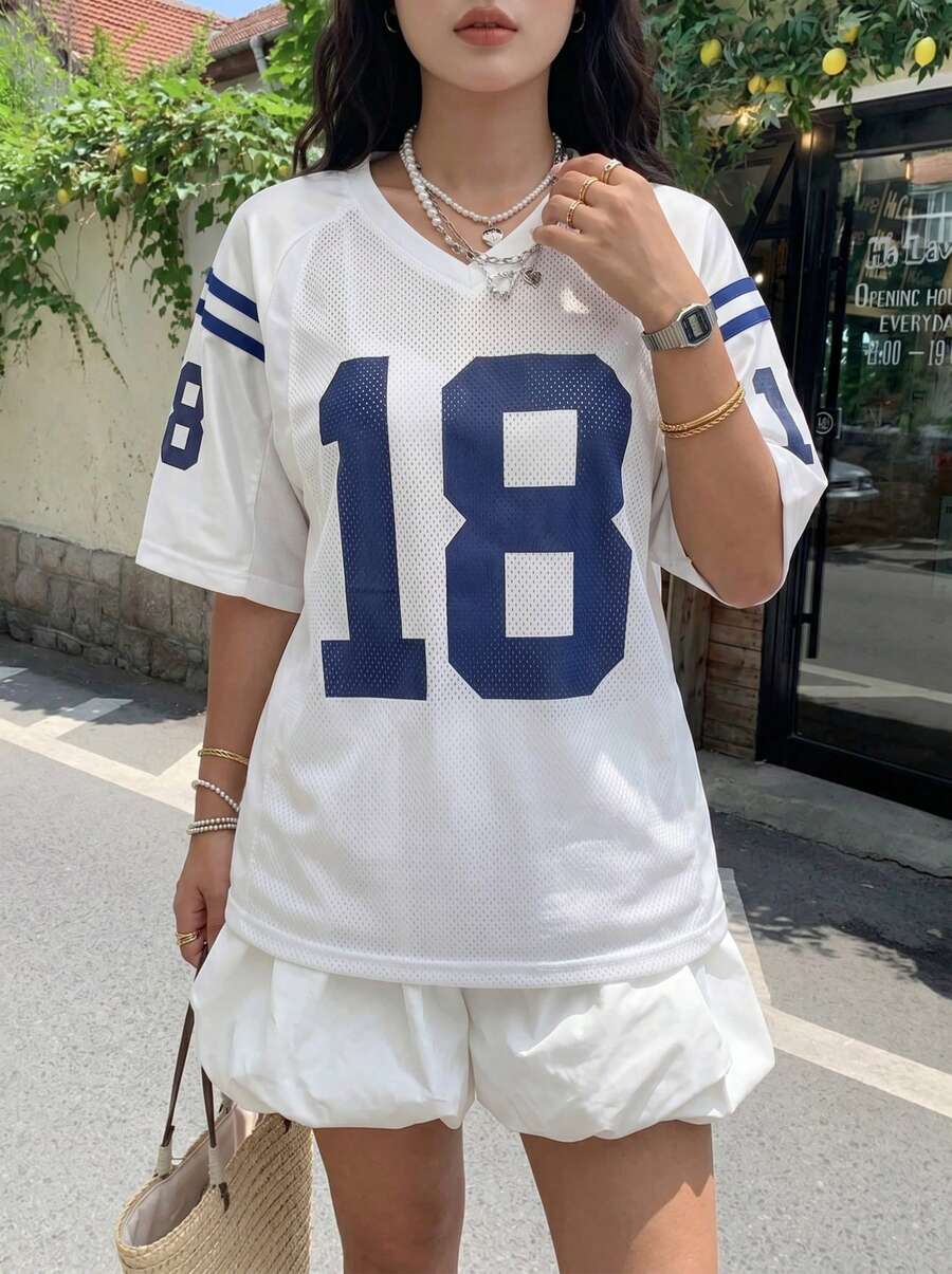 复古 Y2K #18 足球球衣 - 白色和蓝色网眼宽松上衣,适合比赛日穿着 - 藍白色 - 查看 1