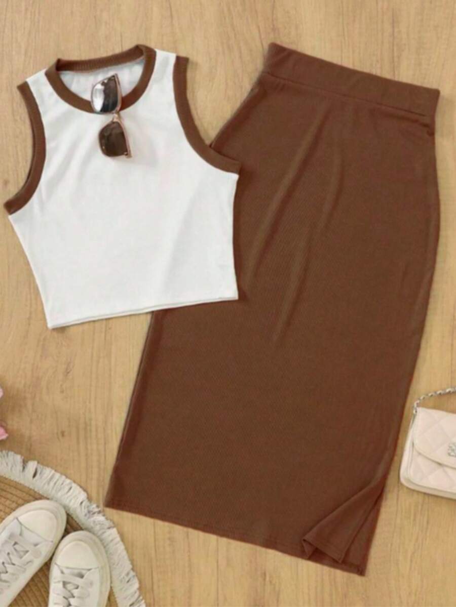 Women's Sleeveless Round Neck Rib-Knit Top & Skirt Set, Casual Elegant Two-Piece Outfit For Summer And Fall - 棕色 - 查看 1