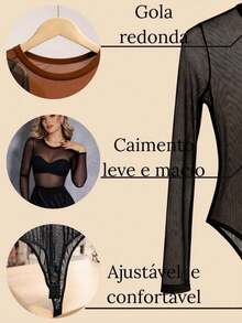 Women's Plain Tulle Bodysuit With Long Sleeves And High Neck - Sheer - Autumn/Winter Fashion - 紅色 - 查看 2