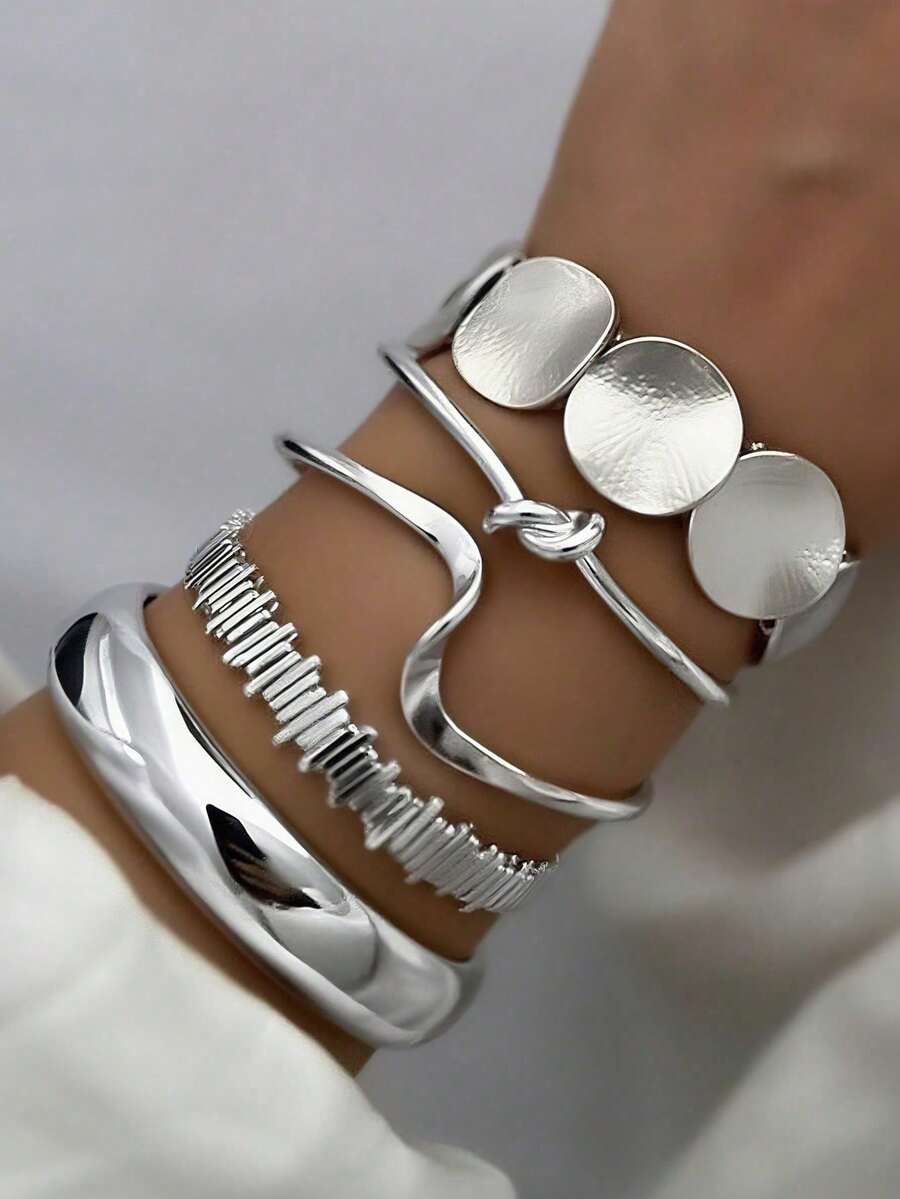 5pcs Set Vintage Exaggerated Luxury Geometric Design Wide Metal Bangle Bracelet Set, Suitable For Daily Wear And Gift - Silver - View 1