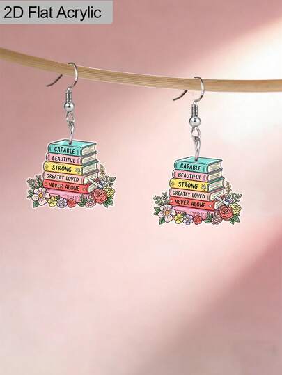 1 Pair Inspirational Floral Book Acrylic Dangle Earrings With "Capable, Beautiful, Strong" Print, Cute Daily Jewelry Gift For Women