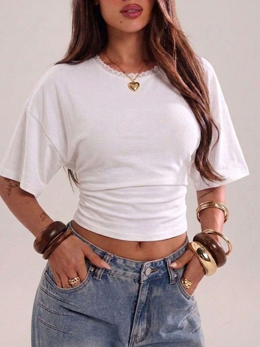 Youmi Clothing 女款夏季時尚白色針織圓領蕾絲飾邊上衣,針織面料收腰修身 T-Shirt 上衣,適合日常、辦公室、海灘、休閒出遊/約會 - 白色 - 查看 1