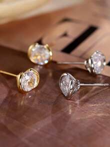 1 par de pendientes de botón redondos minimalistas de circonita cúbica, chapados en oro/plata, diseño clásico de solitario, joyería elegante para uso diario para mujeres - Pendientes exquisitos - Ver 4