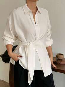 Curve Camisa blanca de manga larga con cuello vuelto, parte delantera semi-abierta, dobladillo con cordón, para primavera/otoño, talla grande para mujer - Blanco - Ver 1