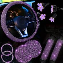 11pcs Shiny Car Interior Accessories Set, Glittering Steering Wheel Cover, Seatbelt Shoulder Pads, Unisex Car Decor, Suitable For Multiple Vehicle Models - Multicolor - View 10