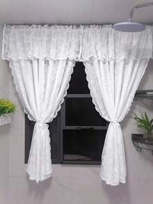 1pc Beige Embroidered Lace Floral Rose Rod Pocket Curtain, Romantic Sweet Style Polyester Fiber Short Drapery, Suitable For Living Room Bedroom Window Decoration, All Seasons - Multicolor - View 4