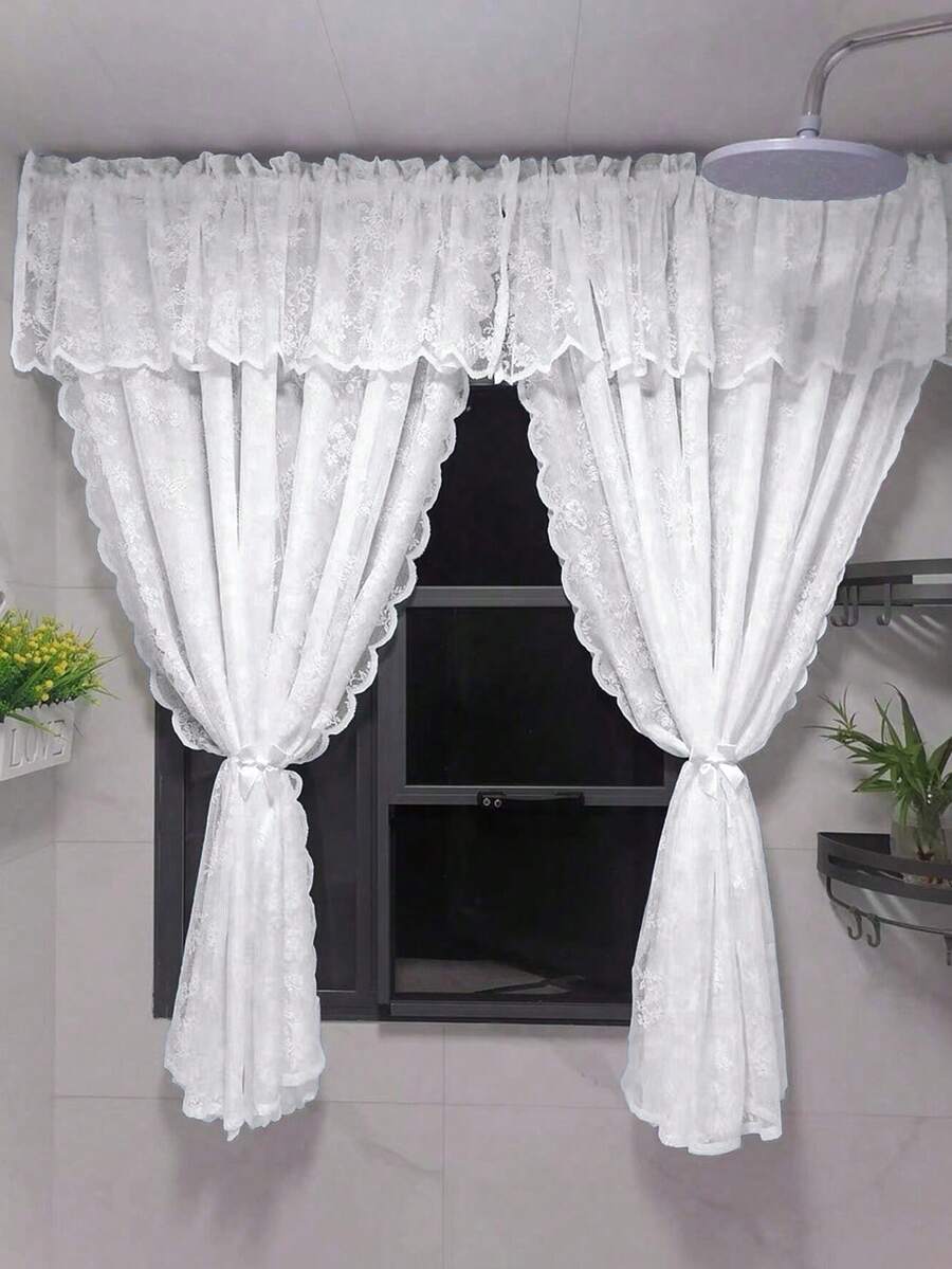1pc Beige Embroidered Lace Floral Rose Rod Pocket Curtain, Romantic Sweet Style Polyester Fiber Short Drapery, Suitable For Living Room Bedroom Window Decoration, All Seasons - Multicolor - View 1
