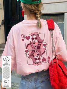 Women's Minimalist Coconut Tree Badge Print Short Sleeve T-Shirt, Slim Fit Round Neck, Fresh Casual Vacation Style Pink Summer - Pink - View 1