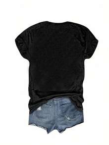 Western Style Letter Printed Round Neck T-Shirt, Casual Vacation Women'S Short Sleeve Top, Women'S Clothing, Retro Loose-Fit T-Shirt - 後退 - 查看 2