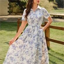 Vestido de mujer elegante y vintage con bolsillos y cinturón, vestido camisero con estampado floral, cierre con botones, vestido casual para ir y venir, vacaciones, vestidos de verano para mujer, atuendos de vacaciones de verano, atuendos de primavera para mujer, vestidos de primavera para mujer, ropa de primavera para mujer, atuendos de vacaciones de primavera, vestidos elegantes para fiestas, vestidos elegantes para fiestas para mujer, vestido de invitada de boda para mujer, vestido - Azul y blanco - Ver 7