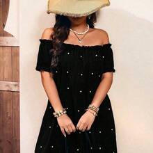 Vestido elegante de hombros descubiertos talla grande, diseño de cintura estilizante con decoración de perlas falsas, versátil para uso diario, ir al trabajo, fiestas, citas, sesiones de fotos - Negro01 - Ver 5