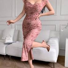 Vestido ajustado con estampado floral casual para mujeres, vestidos casuales para cumpleaños, ropa de mujer, vestidos de verano para el trabajo, vestido de graduación, vestidos elegantes para mujeres - Púrpura malva - Ver 4