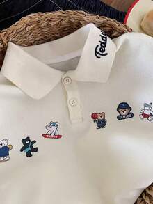 男童/女童夏季 Polo 衫，儿童休闲可爱短袖 T 恤 - 白色 - 查看 3