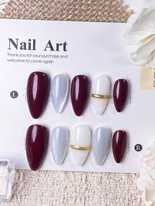 10pcs Kuku Almond Buatan Tangan Blok Warna Merah & Putih, Mata Kucing Kristal Perak, Garis Bubuk Cermin Emas, Warna Solid Minimalis, Nuansa Premium, Seni Kuku Tempel yang Mudah Dilepas - Burgundy - View 13