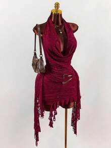 Vestido Halter Espalda Descubierta Cinta Metal Nuevo - Burdeos - Ver 2
