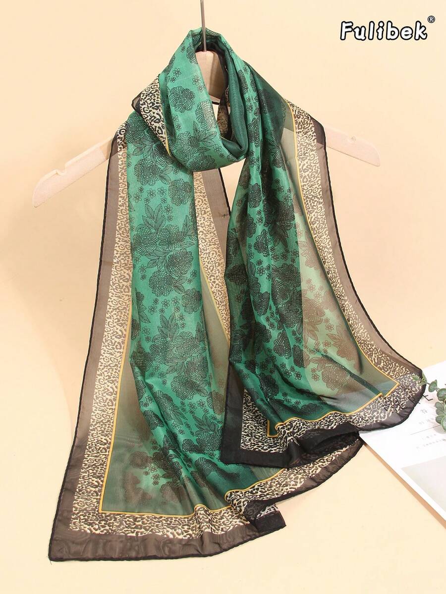 1pc/Pack All-Season New Women's Lightweight Chiffon Printed Scarf, Small Silk Scarf, Sun Protection Long Scarf, Suitable For Daily Use - Dark Green - View 1