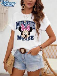 Minnie Mouse Classic Print Disney Women's Casual Round Neck Short Sleeve T-Shirt, Suitable For Wearing In Spring/Autumn/Summer, With A Loose - 白色 - 查看 4