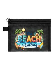 The Beach Is Calling 透視網格化妝包，夏季熱帶棕櫚樹印花拉鍊收納袋，便攜式旅行盥洗用品收納袋，輕量海灘化妝收納袋，化妝包，零錢包，配件收納袋，口紅與氣墊粉撲收納便攜化妝包透明收納袋盥洗包旅行收納袋，化妝包化妝收納袋護膚包盥洗包，度假、日常使用與戶外活動適用透明網格化妝收納袋，情人節禮物，母親節禮物 - 彩色 - 查看 15
