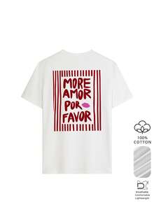 Women's "MORE AMOR POR FAVOR" Red Striped Print Sweatshirt, Casual Long Sleeve Pullover, Romantic Valentine's Day Style - White - View 2