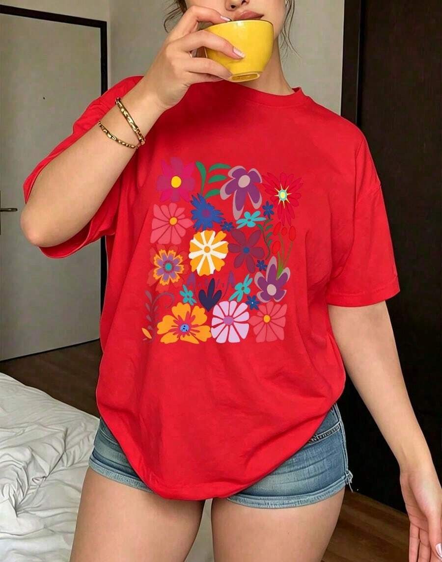 Women's Clothing Plus Size Floral Print Short Sleeve T-Shirt, Casual Summer Style, Round Neck Oversized Printed T-Shirt For Women, Casual Summer Shirts - 紅色 - 查看 1