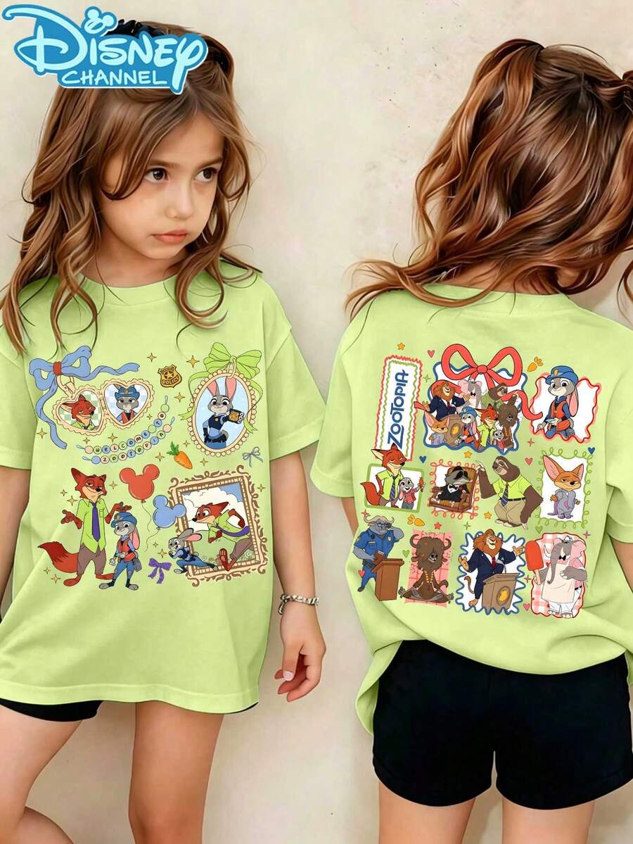 A Casual Yet Fashionable Disney Summer Short-Sleeved T-Shirt, Suitable For Girls To Wear. Its Design Incorporates Patterns And Prints Of Judy, Nick, Chief Bullwinkle, Sloth Lightning, Finnick, Lion Mayor, And Mr. Big From "Zootopia". This Style Is Not Only Suitable For Parties But Also For Daily Wear. - 抹茶綠 - 查看 1