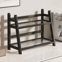 1pc Double-Deck Desktop Storage Rack, Wooden + Acrylic Material, Large Capacity Cup Holder, Multi-Function Dual-Layer Shelf, Spice Rack, Vanity Organizer, Open Storage, Trapezoid Design, Suitable For Living Room, Coffee Corner, Bar, Vanity, Kitchen Counter, Office - View 3