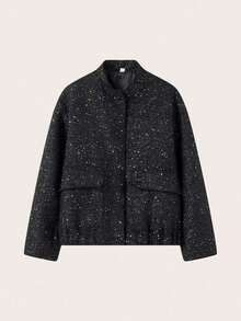 Women's Fashion Commuter Stand Collar Sequin Jacket Vacation Black - Black - View 9