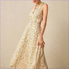 Vestido maxi con estampado floral romántico, escote halter y cintura fruncida, adecuado para vacaciones, bodas, fiestas de verano. Vestido de mujer con estampado floral pequeño, escote halter y cintura fruncida, ideal para verano, playa, primavera, Pascua, eventos. - Azul y blanco - Ver 4
