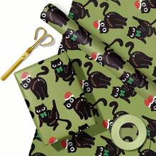 1 Roll Christmas Wrapping Paper | Green Background With Santa Hat & Bow Black Cat Design, Perfect For Christmas Gift Wrapping, Holiday Decorations, Party Ambiance, And Christmas-Themed Events – 43 Cm * 500 Cm (170 Inches * 16.4 Feet) - Cat Theme - View 4