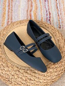 2026 New Women's Dark Brown Square Toe Mary Jane Shoes, Unique Double Strap Buckle Design, Versatile For Commuting, Elegant Fashion, Casual Minimalist - Navy Blue - View 1