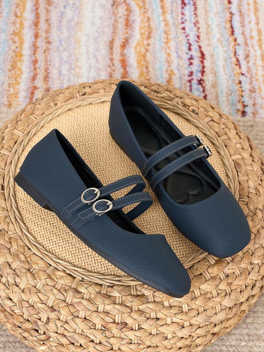 2026 New Women's Dark Brown Square Toe Mary Jane Shoes, Unique Double Strap Buckle Design, Versatile For Commuting, Elegant Fashion, Casual Minimalist - Navy Blue - View 1