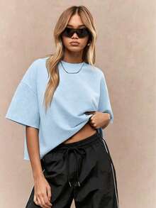 Oversized Heavy T-Shirt Modern Streetwear Essential Boxy Cut Casual Summer Basic Loopback Top Ultra Soft Minimalist Urban Fashion Staple-Unisex Summer Casual Vintage Cotton Printed T-Shirts For Couples - 藍色 - 查看 1