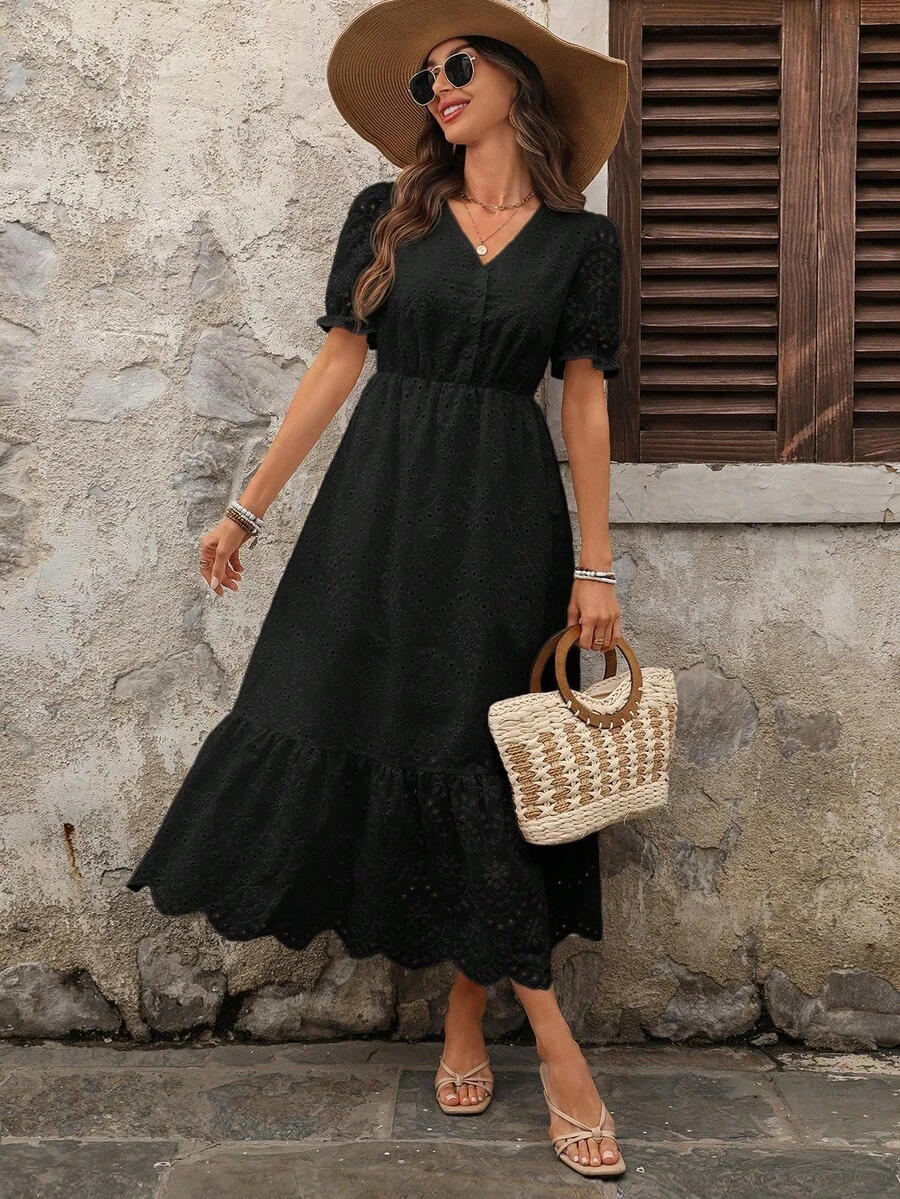 Faunlyn Vestido largo de mujer de unicolor con cuello en V, manga corta raglán y bordado - Negro - Ver 1
