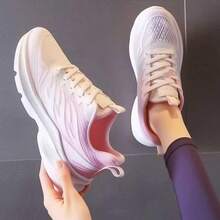 Preppy Style Platform Sneakers For Women, Spring Mesh Casual Athletic Shoes, Breathable Thick Sole Chunky Sneakers - Berwarna merah muda - View 3