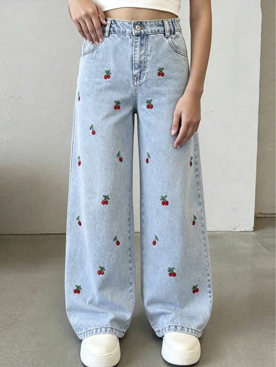 Jeans de mezclilla casual desgastados con diseño bordado, corte de pierna recta para niñas - Azul - Ver 1