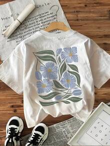 Women's Premium Short Sleeve Crew Neck Casual T-Shirt [Front & Back Images] - Floral And Leaf Print, Loose Fit, Breathable Fabric, Machine Washable, All Season Top, Summer Clothing, Women's Summer Blouse And Shirt, Plus Size, - 白色 - 查看 4