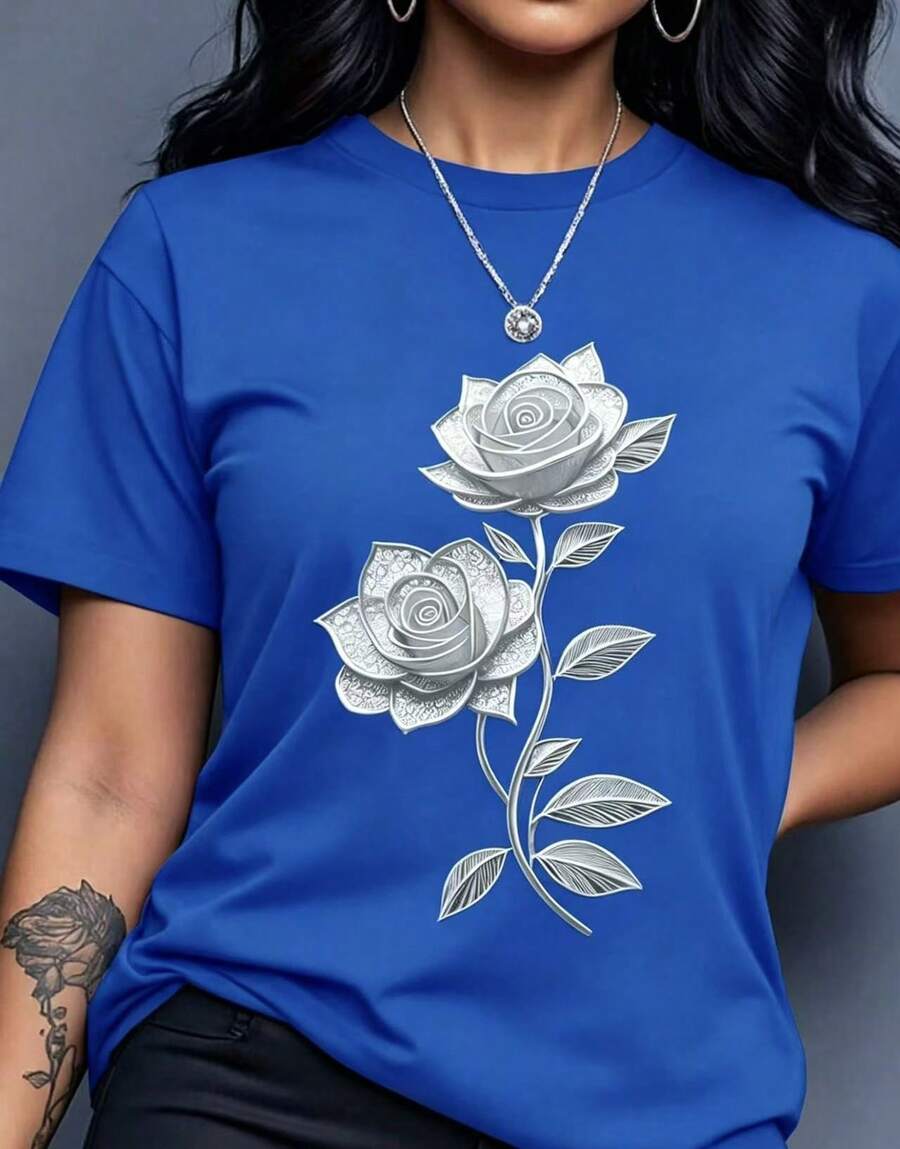 Women's Casual Crew Neck Short Sleeve T-Shirt With Floral Print, Perfect For Valentine's Day - Vintage Street Style Unisex Cotton Short Sleeve Crew Neck T-Shirt - 藍色 - 查看 1