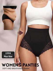 MEIYATING 2pcs Plus Size High Waist Seamless Lace Pattern Triangle Panties For Women - Black - View 3