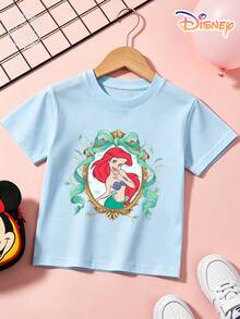 Officially Licensed Disney Ariel Kids T-Shirt, 100% Cotton Vintage Frame & Teal Bow Graphic Tee With Floral Accents, Unisex For Boys & Girls Ages 4-14, Soft Breathable Fade-Resistant Fabric, Ideal For Theme Park, School & Daily Casual Wear, Perfect For Vacation, Birthdays & Children's Day Gifts - Light Blue - View 2