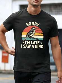 Lustiges Herren-T-Shirt mit Vogelmotiv, weiche Baumwolle, lockere Passform, bequemer Schnitt, l?ssiger Kunstdruck - Schwarz - Übersicht 1